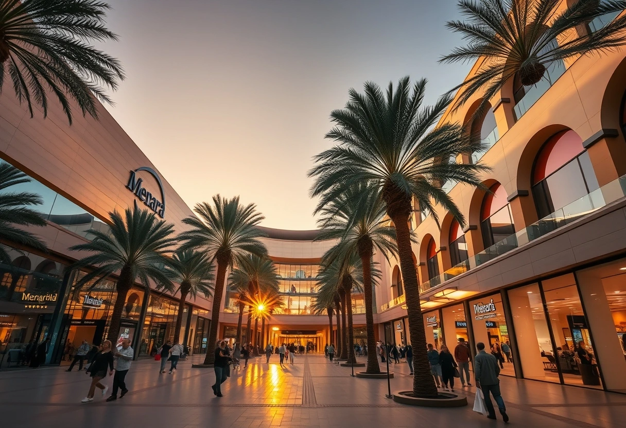 Vue extérieure du Menara Mall à Marrakech, symbole majeur de l'immobilier commercial au Maroc au coucher du soleil.